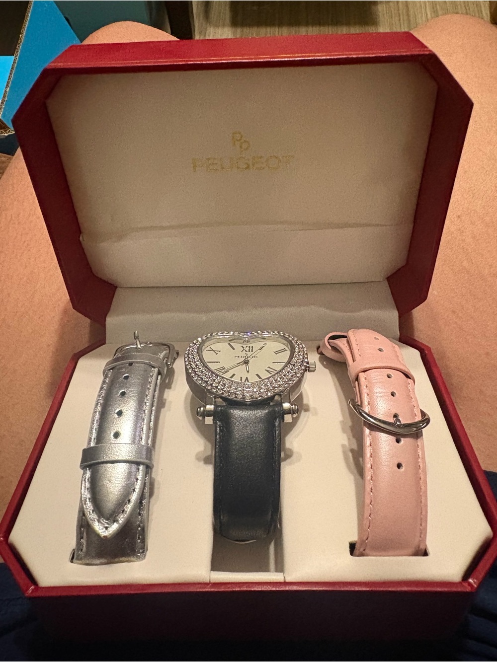 Peugeot Heart Crystal Women’s Watch with Black, Silver and Pink Straps